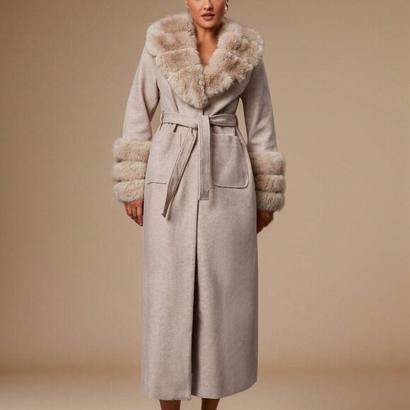 Khaki Elegant Womens Warm faux Fur trimmed belted Jacket Coat - Picture 1 of 7